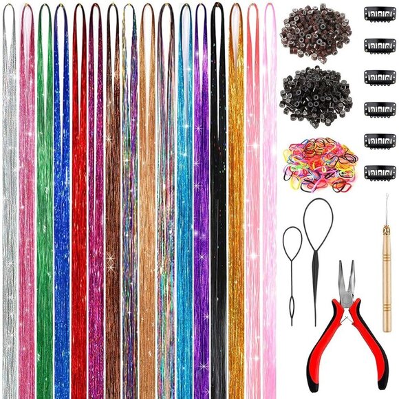 Other - 48 Inch Glitter Hair Tinsel Extensions Kit 16 Colors, 4800 Strands With Tools -